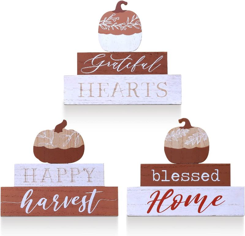 Photo 1 of 3 Pcs Fall Decorations for Home Blessed Grateful Thankful Sign Fall Decor Thanksgiving Decorations Wooden Pumpkin Tabletop Signs for Home Thanksgiving Farmhouse Living Room Harvest White