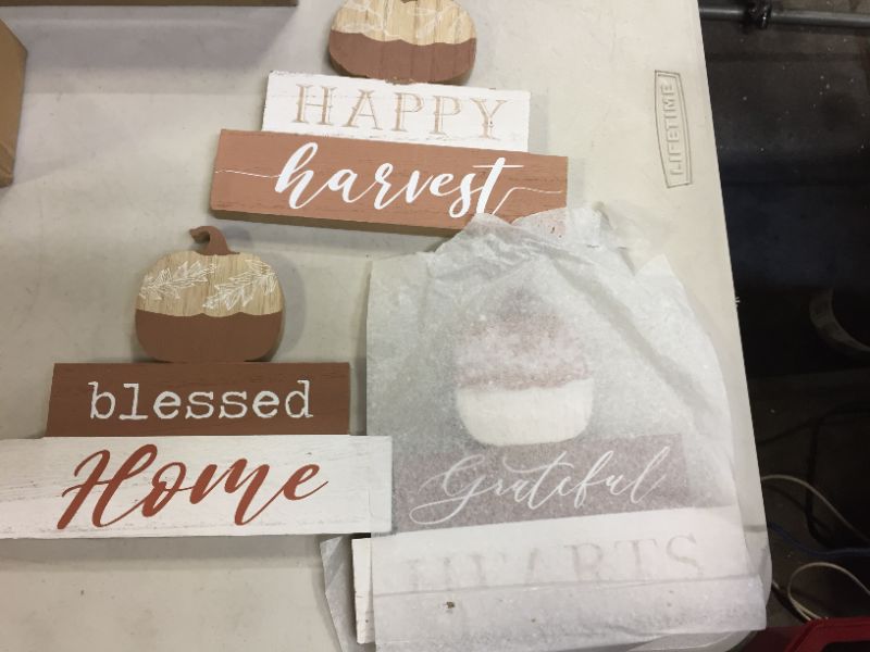 Photo 3 of 3 Pcs Fall Decorations for Home Blessed Grateful Thankful Sign Fall Decor Thanksgiving Decorations Wooden Pumpkin Tabletop Signs for Home Thanksgiving Farmhouse Living Room Harvest White
