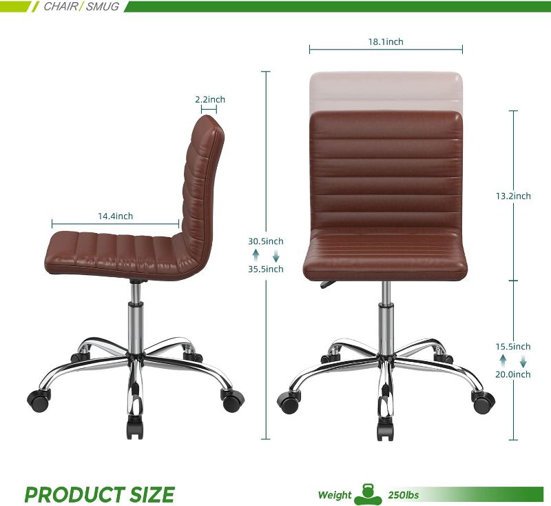 Photo 2 of SMUG Desk Chair, Armless Office Chair Leather Swivel Task Chair Mid Back Ribbed Home Office White Desk Chair for Adult Child, Vanity Chair, Brown