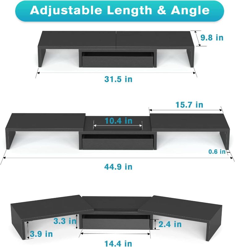 Photo 2 of MaxGear Dual Monitor Stand, 3 Shelf Computer Screen Stand Riser with Adjustable Length and Angle, Desktop Stand Storage Organizer with Phone Slot, for PC, Computer, Laptop, Black