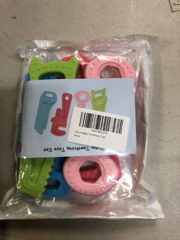 Photo 2 of 4Pack Teething Toys for Babies 0-6 Months with Lanyard, Baby Infant Teething Toys for Molars 6-12 Months, Freezer Safe Soft Silicone Baby Molar Teether Chew Toys Wrench Pliers Shape