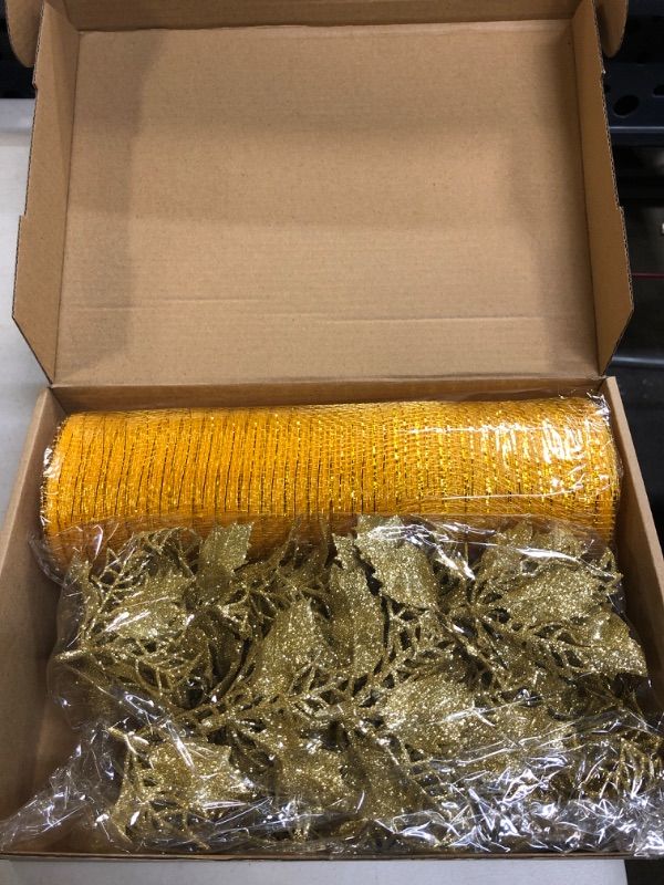 Photo 1 of 20 Pcs Artificial Poinsettia Flowers Glitter Christmas Tree Ornament and 30 Ft mesh Ribbon Rolls Mesh Plastic Ribbon Wreaths Swags for Home Christmas Room Decor (Gold)