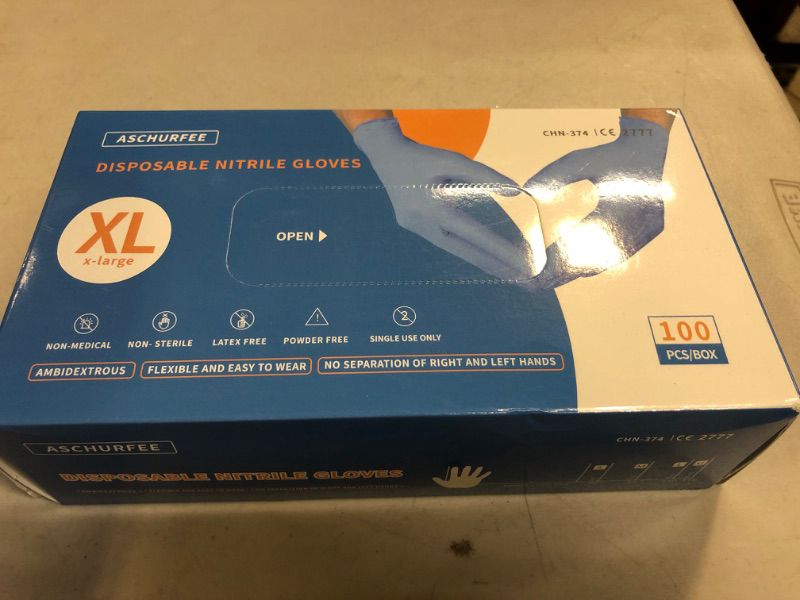 Photo 2 of  XL-----aschurfee Nitrile Gloves, Disposable, Latex & Powder Free, Non-Sterile, Puncture Resistant, Multi-Purpose X-Large 100pac