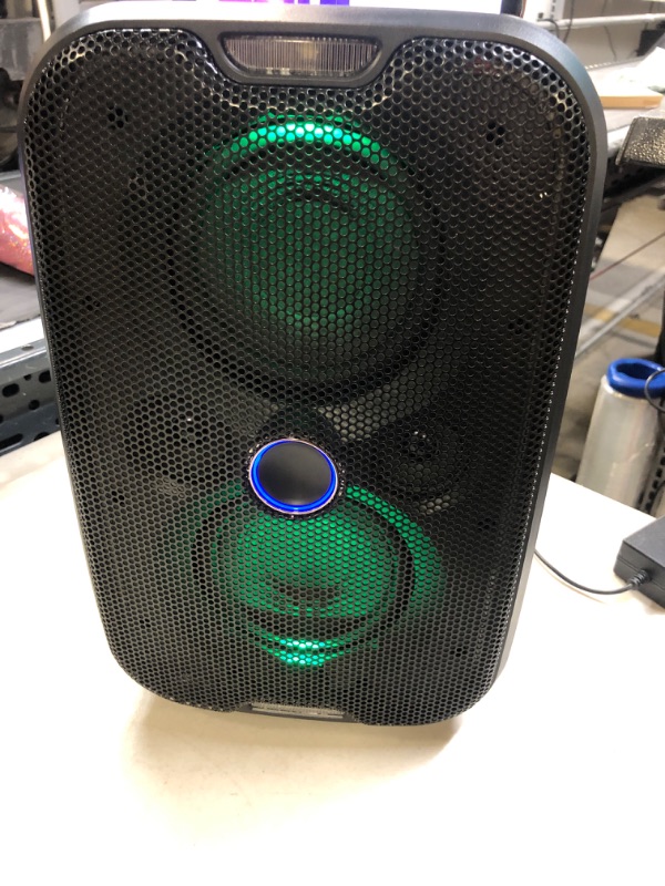 Photo 2 of Brookstone Big Blue Go 60 Watt Wireless Indoor Outdoor Portable Speaker, Built in Qi Charging Pad, LED Light Show, Bluetooth 5.0, IPX5 Water Resistant, Tap to Link Multiple Speakers, Karaoke Mic Input