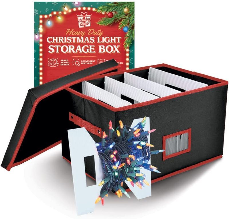 Photo 1 of 2x Holiday Cheer Christmas Light Bulb Storage Box – Christmas Light Organizer Stores up to 800 Holiday Christmas Light Bulbs with 4 Plastic Light Storage Wraps – Tear-Proof Fabric (Black)
