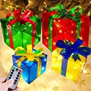 Photo 1 of [ Bigger Size 12"-8"-6"-5" ] 4 Pcs 70 LED Lighted Gift Boxes Christmas Decorations Timer 8 Modes Remote Control Battery Operated Transparent Xmas Present Boxes Indoor Outdoor Christmas 