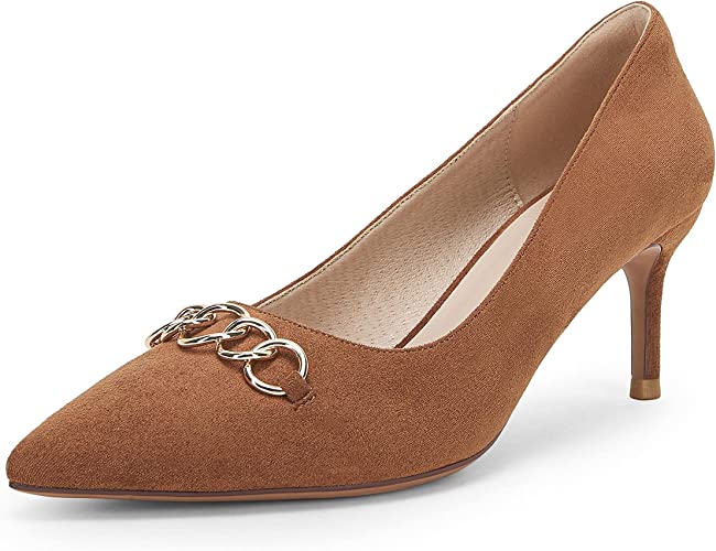 Photo 1 of Dellyerishop Women's Kitten Heels Pumps Dressy Low Heel Closed Pointed Toe Office Work Wedding Shoes with Chain
Color:Brown
Size: 6.5