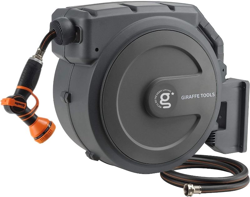 Photo 1 of Giraffe Tools Retractable Garden Hose Reel 1/2 Inch x 130 ft, Super Heavy Duty, Any Length Lock, Slow Return System, Wall Mounted and 180 Deg Swivel Bracket
Size:1/2'' 130FT