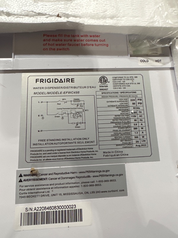 Photo 3 of **PARTS ONLY**
Frigidaire EFWC498 Water Cooler/Dispenser in White, standard White TOP-LOAD Cooler