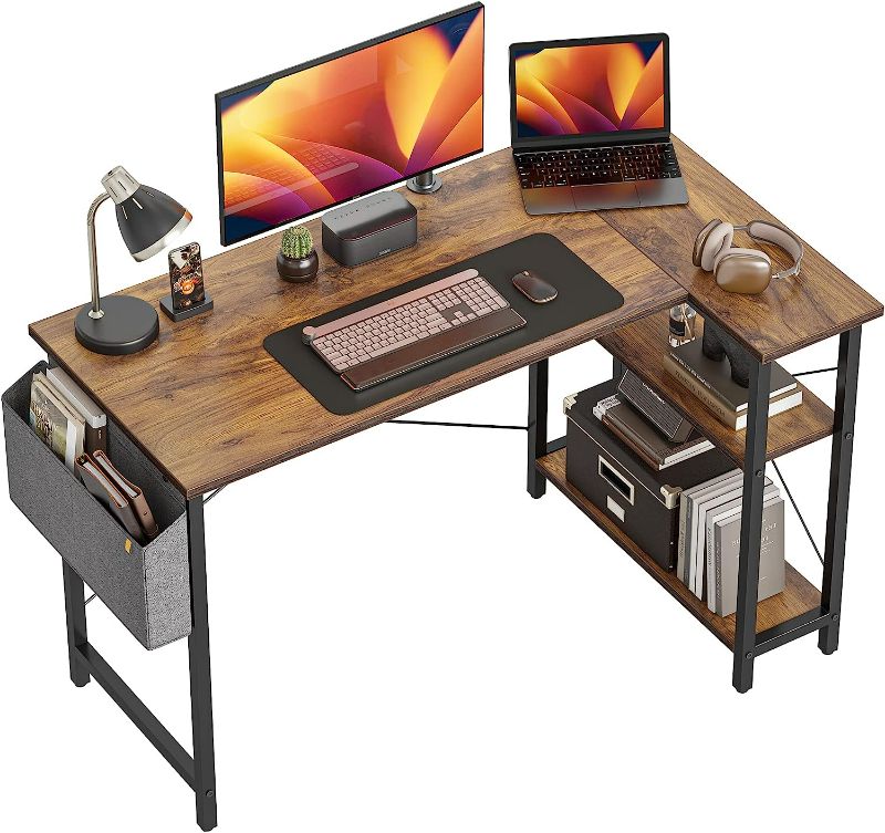 Photo 1 of **STOCK IMAGE FOR SAMPLE**
Small L Shaped Computer Desk with Storage Shelves Home Office Corner Desk Study Writing Table, Deep Brown
