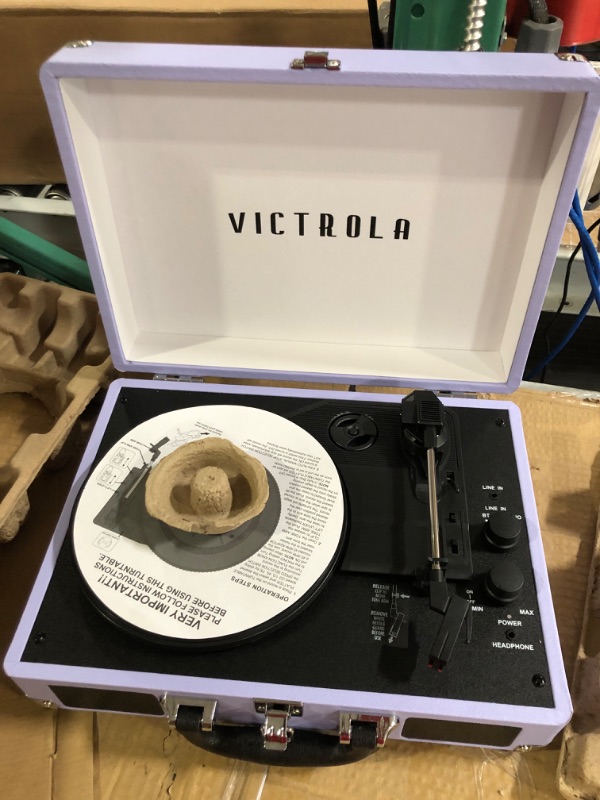 Photo 3 of Victrola Vintage 3-Speed Bluetooth Portable Suitcase Record Player with Built-in Speakers | Upgraded Turntable Audio Sound | Lavender (VSC-550BT-LVG) Lavender/Silver Record Player