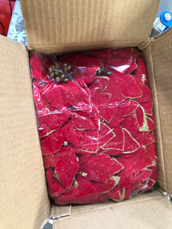 Photo 2 of [ Include Clips Stems ] TURNMEON 24 Pack 5.5 Inch Christmas Glitter Poinsettia Artificial Silk Flower