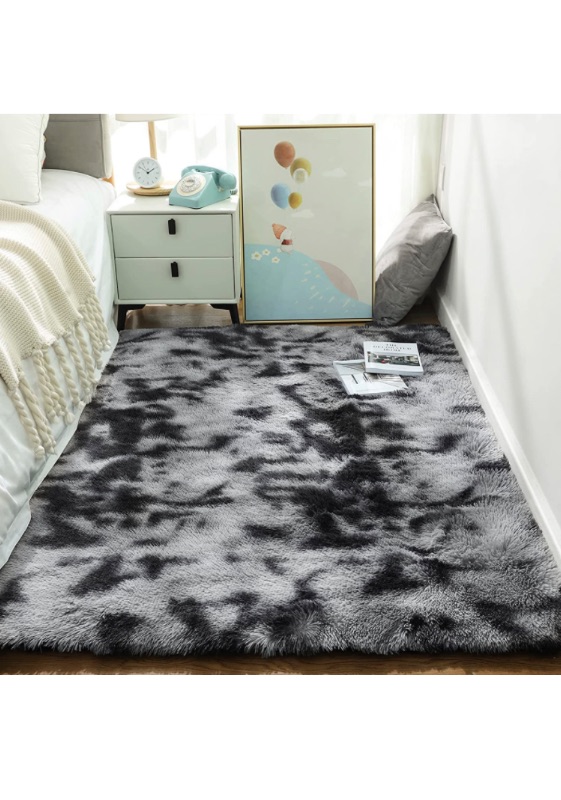 Photo 1 of  Tie Dye Black and Grey Area Rug for Bedroom Living Room, Fluffy, 6x9 