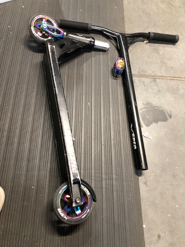 Photo 2 of (USED) 
Xspec Pro Stunt Kick Scooter with Freestyle BMX Handlebars, Neo Chrome Rainbow Trick Scooter, with 110mm Wheels & ABEC-7 - (Anodized Neo Chrome Purple/Blue or Matte Black)