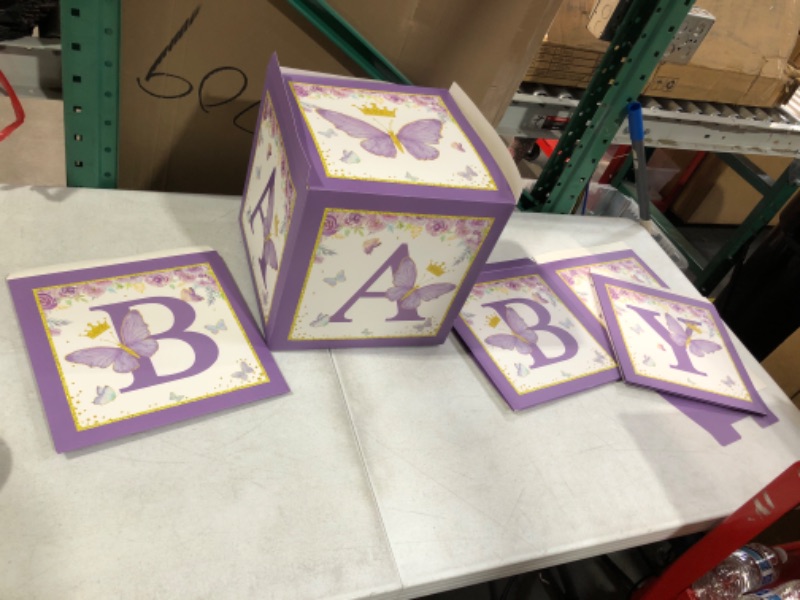 Photo 2 of Baby Shower Boxes, 4pcs Purple Butterfly Baby Balloon Boxes with Letters,