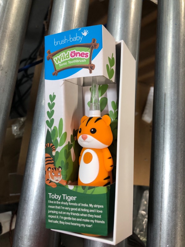 Photo 2 of brush-baby WildOnes Kids Electric Rechargeable Toothbrush Tiger, 1 Handle, 3 Brush Heads, USB Charging Cable, for Ages 0-10 (Tiger)