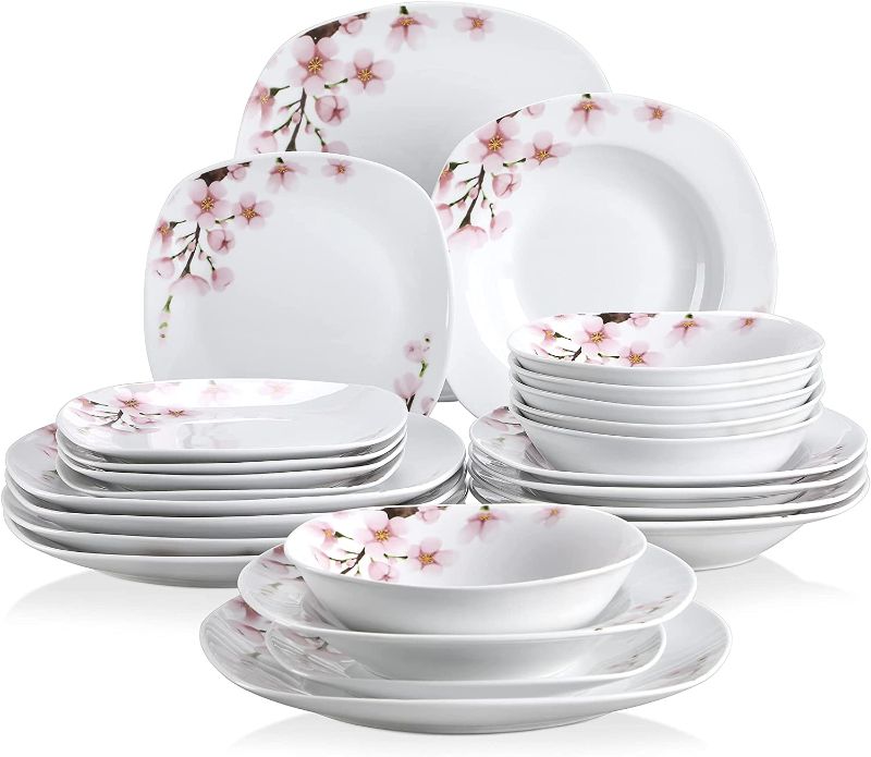 Photo 1 of 
VEWEET, Series Annie, 24-Piece Ivory White Ceramic Porcelain Dinnerware Set with Pink Floral Pattern, including Dinner Plates, Dessert Plates, Soup Plates...