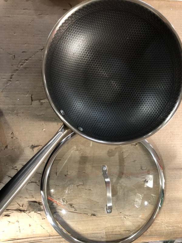 Photo 2 of **HANDLE LOOSE**  Stainless Steel Wok with Lid 12 inch, Honeycomb Wok
SPATULA NOT INCLUDED