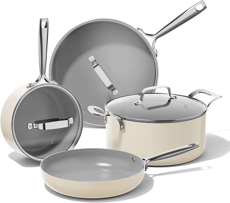 Photo 1 of *USED* *STOCK PHOTO FOR REFERENCE* JEETEE Ceramic Cookware Set, White Pots and Pans Set Nonstick, 9 PCS  - Cream
