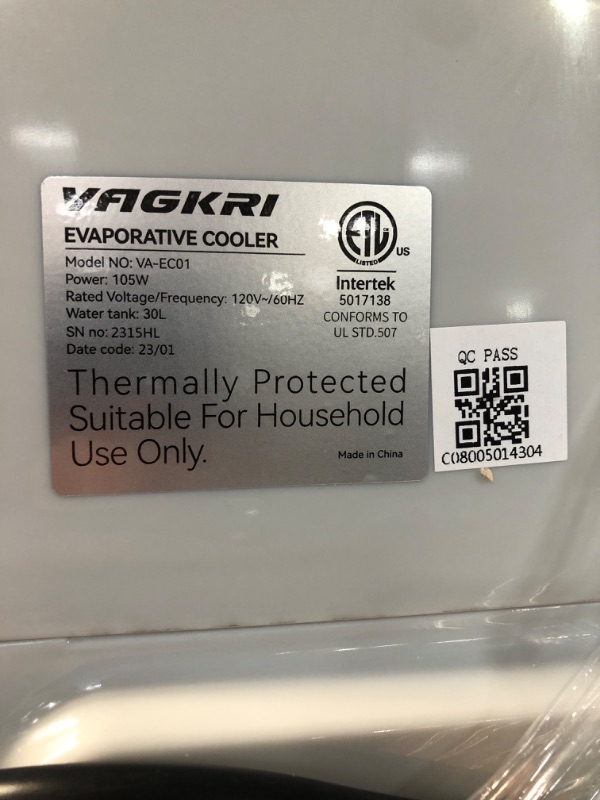 Photo 3 of *UNTESTED* VAGKRI Air Cooler, 120°Oscillation Swamp Cooler with Remote Control, 24H Timer, 3 Wind Speeds for Outdoor Indoor Use, 7.9 Gallon