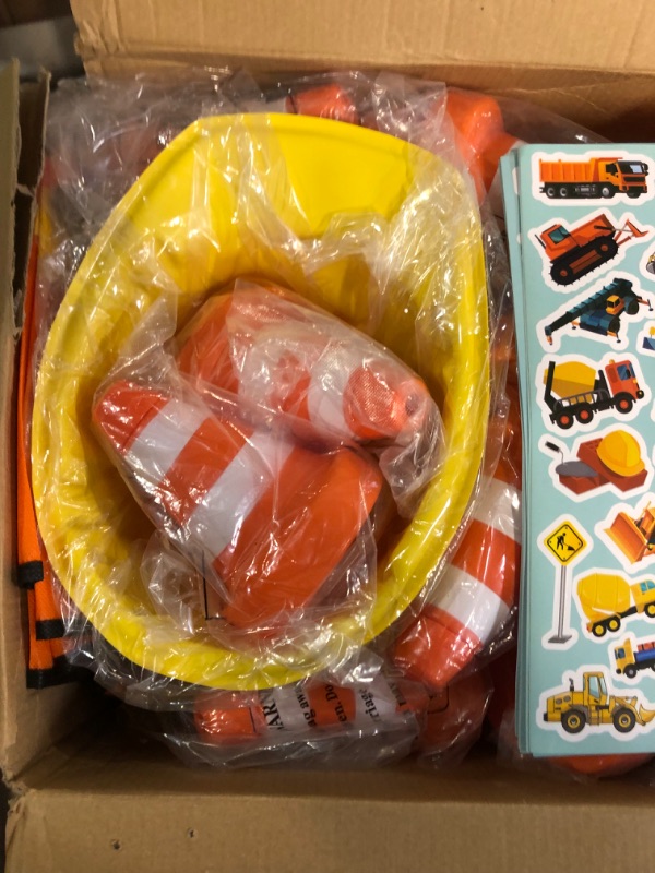 Photo 2 of 62 Pcs Construction Birthday Party Supplies Set Kids Construction Dress up Set Including Vest, Hat, Tote Bag, Tablecloth, Traffic Cone Cups and Stickers