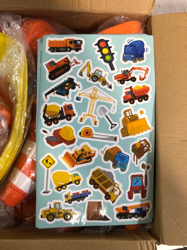Photo 1 of 62 Pcs Construction Birthday Party Supplies Set Kids Construction Dress up Set Including Vest, Hat, Tote Bag, Tablecloth, Traffic Cone Cups and Stickers