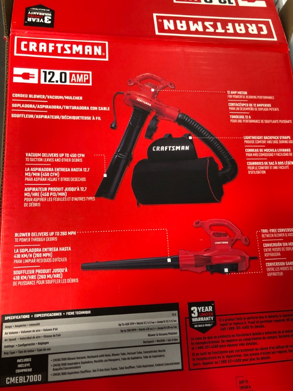 Photo 4 of *SEE NOTES* Craftsman Leaf Blower / Leaf Vacuum & Mulcher, 12-Amp (cmebl7000)