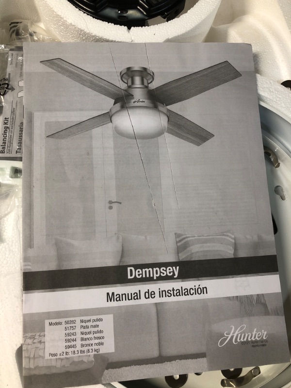 Photo 2 of *SEE NOTES* Hunter Fan Company 59248 Dempsey Indoor Low Profile Ceiling Fan with Remote Control, 52", Fresh White Finish