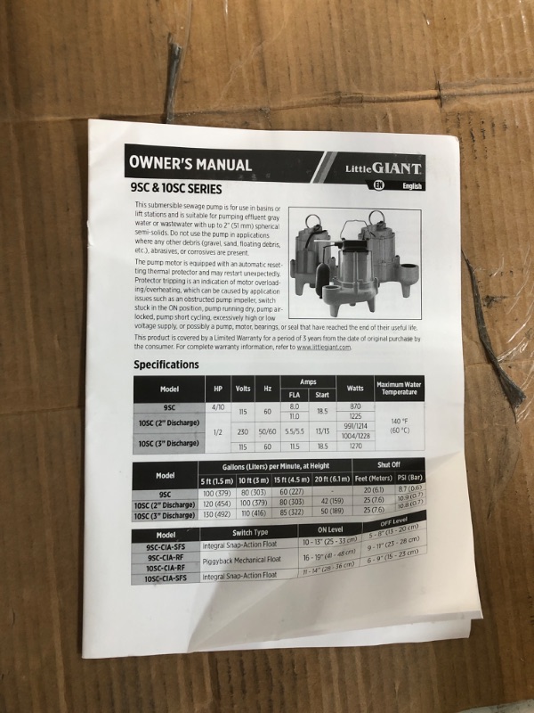 Photo 2 of *DAMAGED**Little Giant 9SC-CIA-RF 115 Volt, 4/10 HP, 6000 GPH Epoxy-Coated Cast Iron Sewage Pump