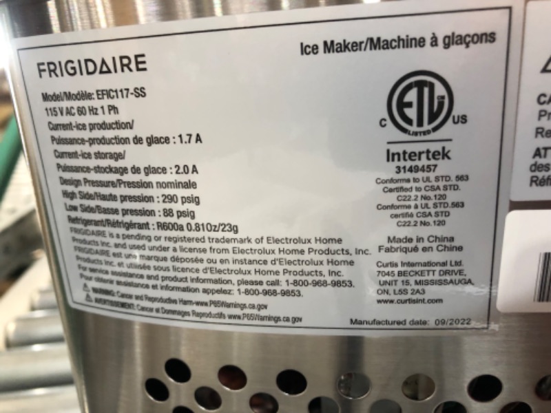 Photo 1 of **SEE NOTES**
Frigidaire EFIC117-SS 26 Pound Ice Maker, 26 lbs per day, Stainless