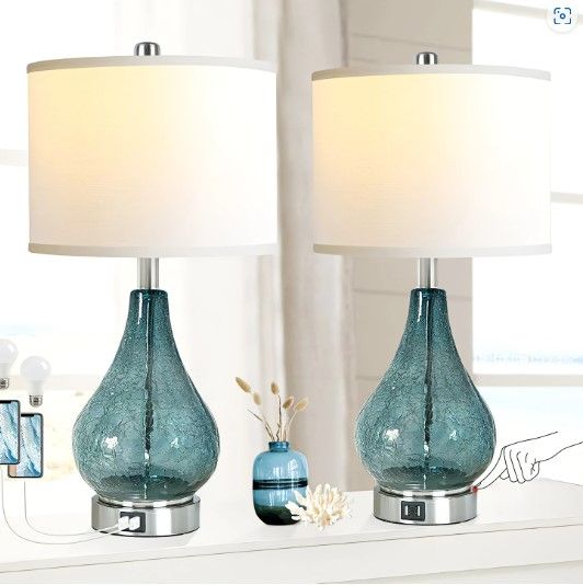 Photo 1 of **SEE NOTES**
QiMH Glass Table Lamp for Living Room Bedroom Set of 2, 22.5" LED Light with Touch Control, Blue 3 Way Dimmable Modern Bedside Lamps for Home Decor with White Fabric Shade
