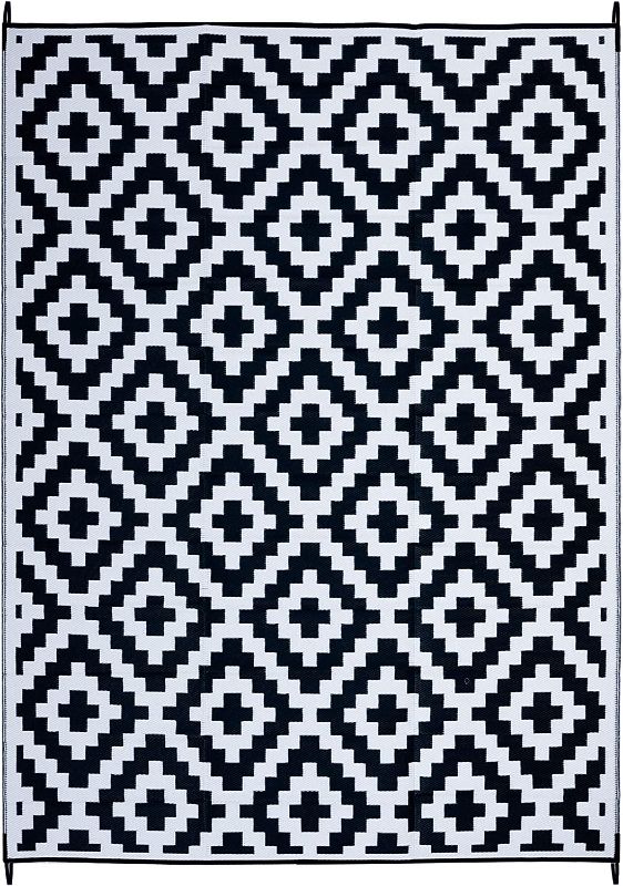 Photo 1 of **SEE NOTES**
FH Home Outdoor Camping Rug - Waterproof, Fade Resistant, Reversible - Premium Recycled Plastic - Geometric - Large - Blue & White - 9 x 12 ft Foldable.