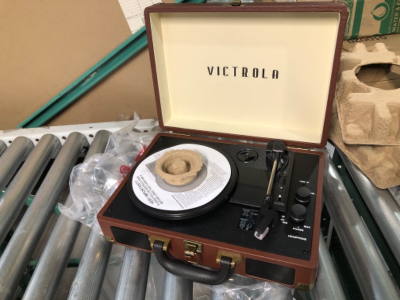 Photo 4 of Victrola Vintage 3-Speed Bluetooth Portable Suitcase Record Player with Built-in Speakers | Upgraded Turntable Audio Sound | Dark Brown, Model Number: VSC-550BT-DBR