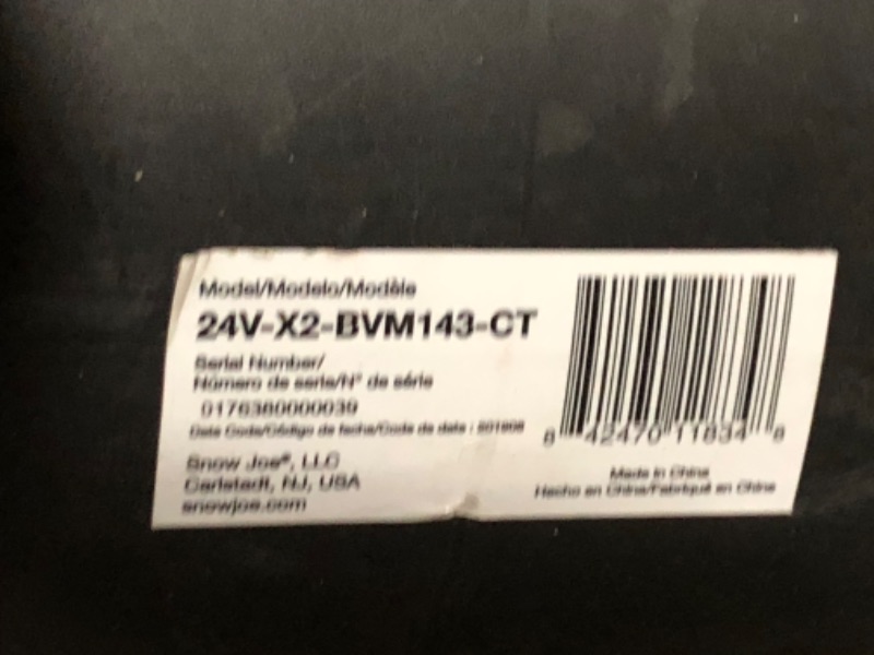 Photo 3 of **See Notes**
Sun Joe 24V-X2-BVM143-P3 48-Volt 163-MPH 391-CFM Cordless Blower Vacuum Mulcher