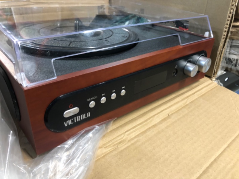 Photo 3 of Victrola All-in-1 Bluetooth Record Player with Built in Speakers and 3-Speed Turntable Mahogany (VTA-65-MAH)
