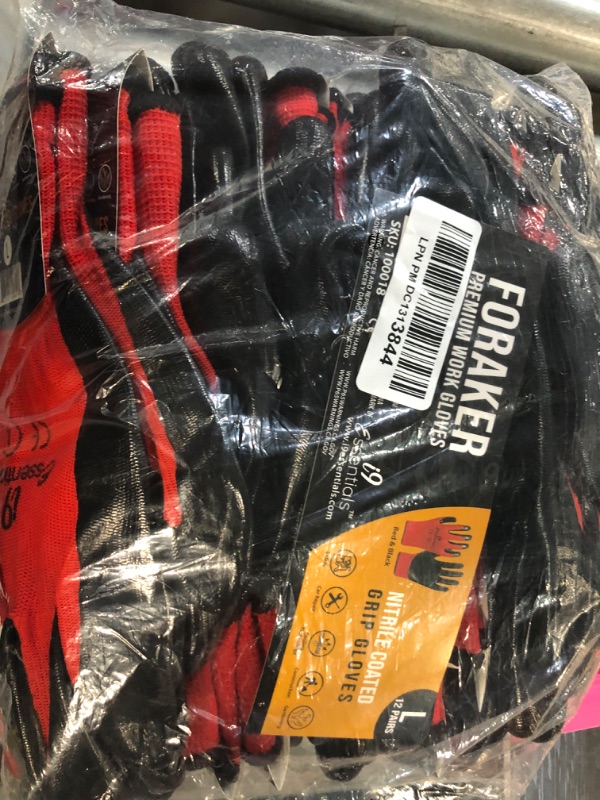 Photo 3 of I9 Essentials 12 Pairs Safety Work Gloves Nitrile Coated - Large Black & Red