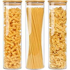 Photo 1 of  Glass Spaghetti Pasta Storage Container with Lid 47oz, Tall Clear Airtight Food Storage Jar with Bamboo Lid Kitchen Pantry Storage Container for Noodles Flour Cereal Coffee Beans, Set of 3