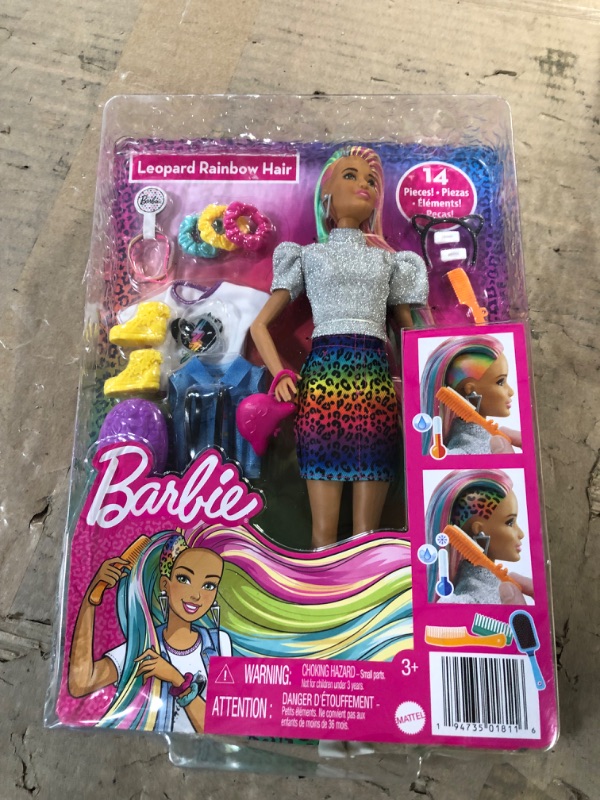 Photo 1 of Barbie Leopard Rainbow Hair Doll (Brunette) with Color-Change Hair Feature