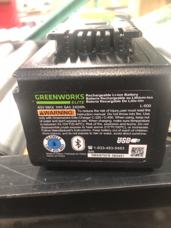 Photo 3 of *UNTESTED* Greenworks L-600 40V 6AH Smart Lithium-Ion USB Battery