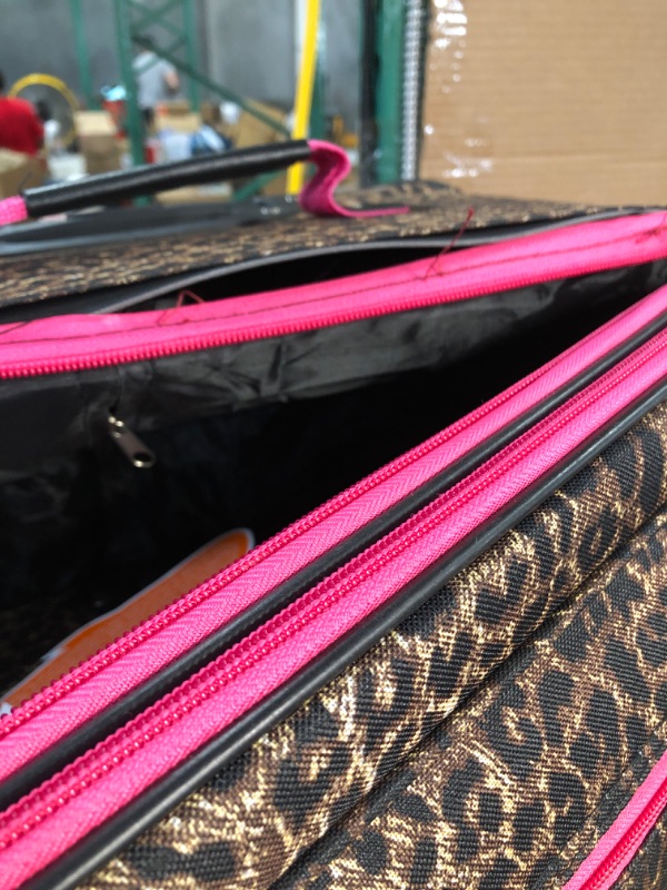 Photo 2 of * DAMAGED * 
Rockland Vara Softside Upright Luggage, Pink Leopard, 3-Piece Set (20/22/28)