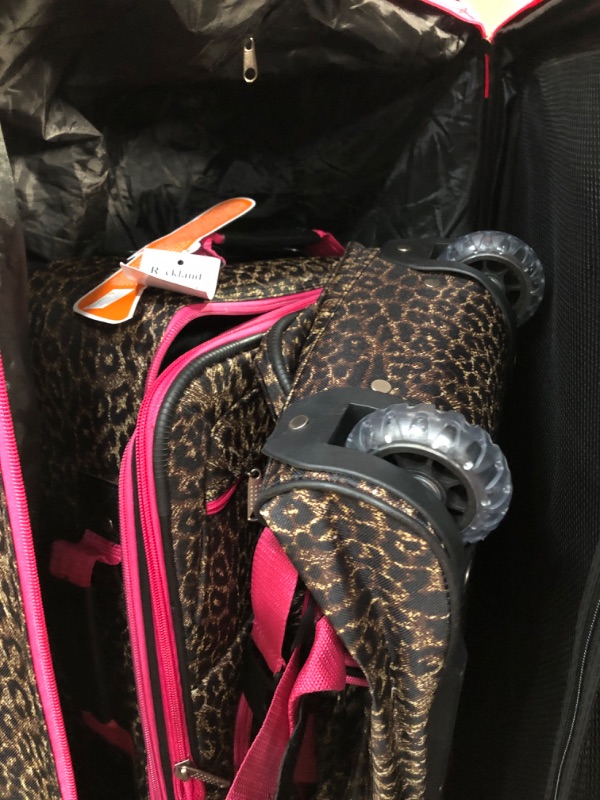 Photo 3 of * DAMAGED * 
Rockland Vara Softside Upright Luggage, Pink Leopard, 3-Piece Set (20/22/28)