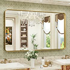 Photo 1 of  Gold Bathroom Mirror for Wall 48 x 30 Inch Metal Rounded Corner Rectangle Mirror Wall Mirror in Aluminum Alloy Metal Frame Deep Set Design Hangs Horizontal Or Vertical