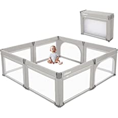 Photo 1 of Albott Baby Playpen- Foldable Playpen for Babies and Toddlers 74x74 in Baby Play Yards, Portable Baby Fence(Large, Light Grey)