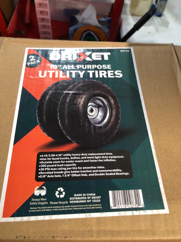 Photo 2 of 4 Pack 10” Heavy-Duty Replacement Tires and Wheels - 4.10/3.50-4” With 10” Inside Tube, 5/8” Axle, 1 3/4” Offset Hub, Double Sealed Bearings Suitable for Hand Truck, Dolly, and Gorilla Cart By RamPro 4 PACK 10 Inch