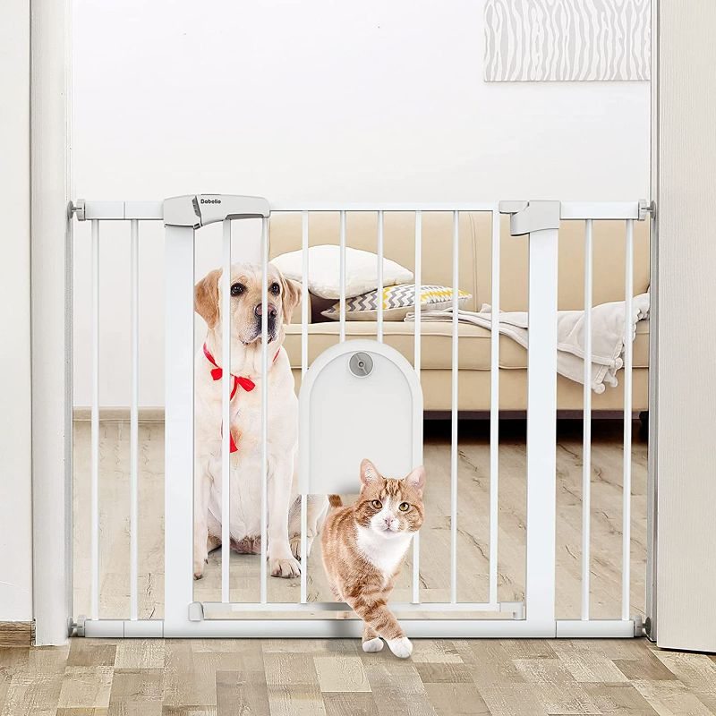 Photo 1 of (WHITE) Babelio Auto Close Baby Gate with Small Cat Door, 29-43" Metal Cat Gate for Doorway, Stairs, white 29-43 Inch