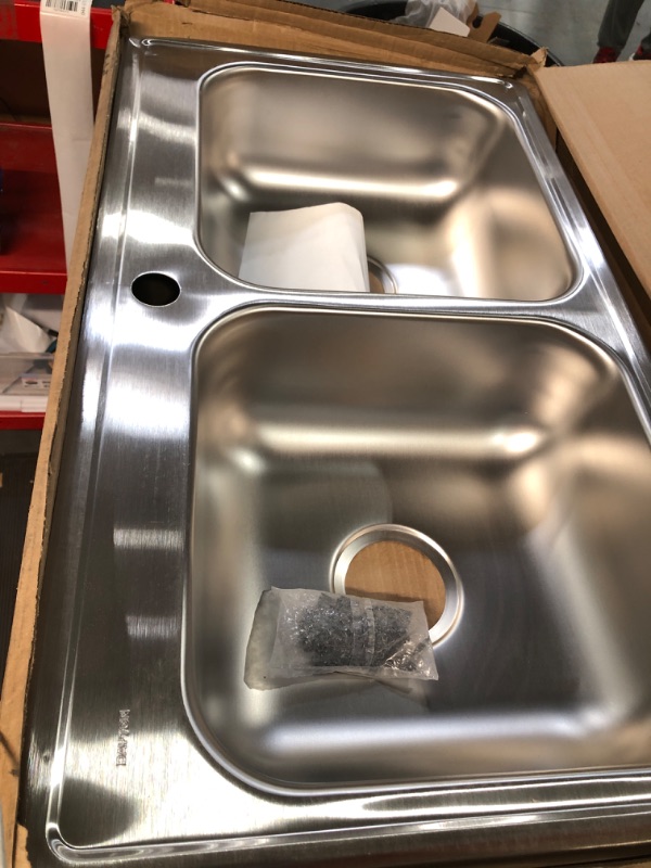 Photo 4 of * DAMAGED * 
Elkay Dayton D233191 Equal Double Bowl Drop-in Stainless Steel Sink 33 x 19 x 6.4375" 33 x 19 x 6.5 1 Faucet Hole Sink Only