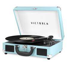 Photo 4 of Vinyl Record Player Bluetooth with Built-in Speakers, Vintage Portable Suitcase Turntable 3-Speed with USB Recording Headphone/RCA/AUX Jack for Muisc Record Player blue