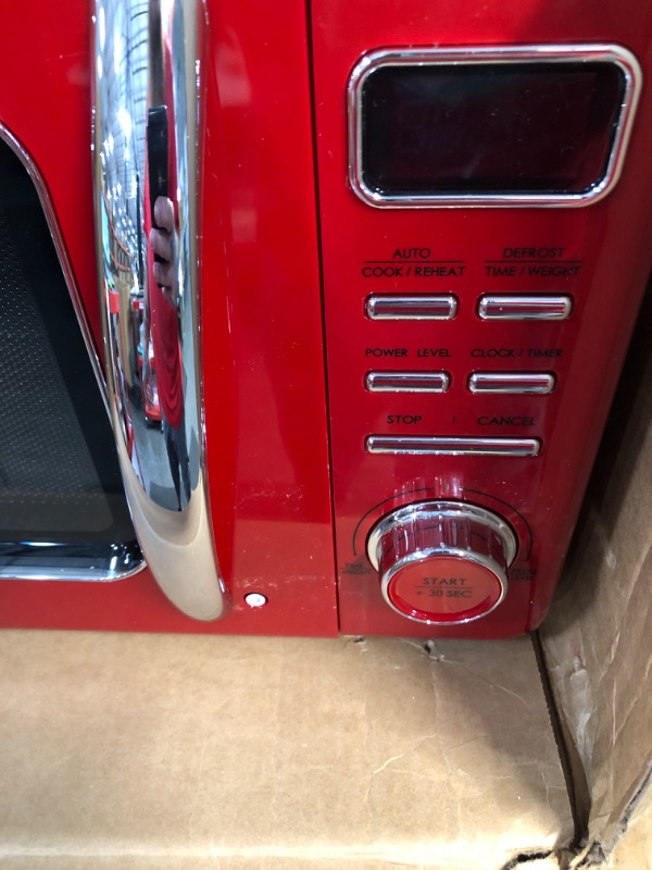 Photo 1 of * DAMAGED * 
Galanz GLCMKZ07RDR07 Retro Countertop Microwave Oven with Auto Cook & Reheat, Defrost, Quick Start Functions, Easy Clean with Glass Turntable, Pull Handle.7 cu ft, Red Red .7 cu ft Modern