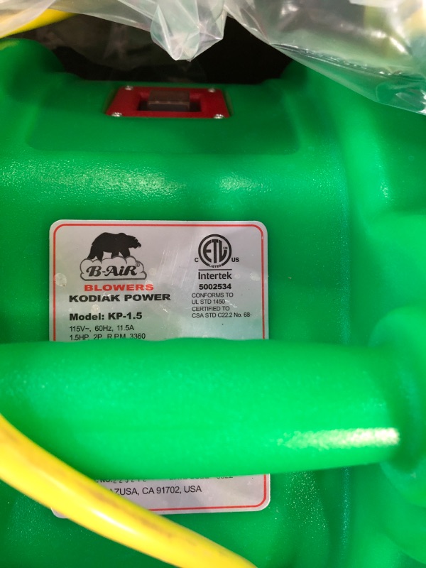 Photo 2 of * NONFUNCTIONAL * 
B-AIR Kodiak 1.5 HP ETL Bounce House Blower, Green