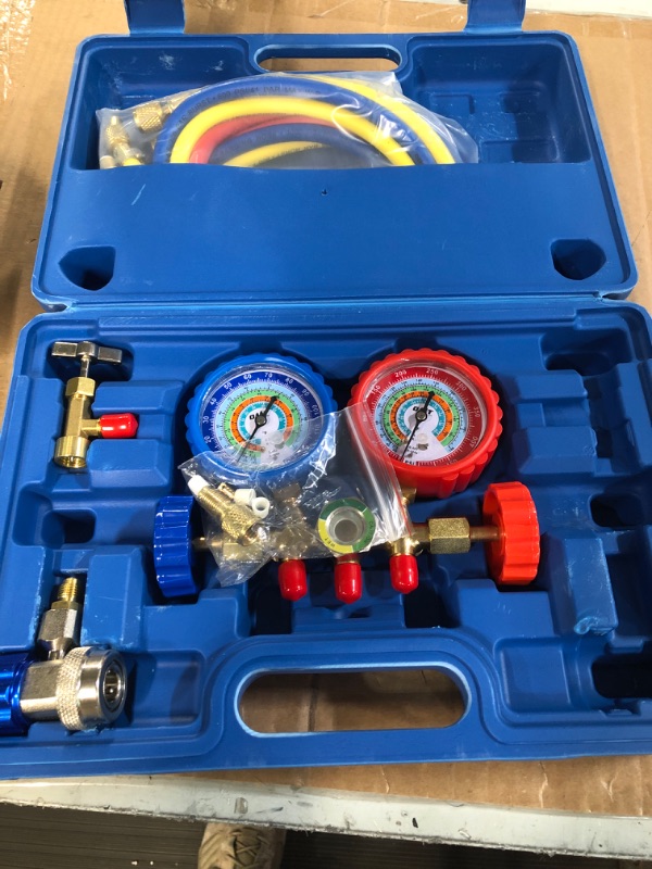 Photo 2 of ORION MOTOR TECH AC Gauges, AC Manifold Gauge Set for R134a R12 R22 R502, 3 Way Automotive AC Gauge Set with Antishock Gauges Hoses Couplers Adapter, Puncturing Can Tap Freon Recharge Kit, Blue Case